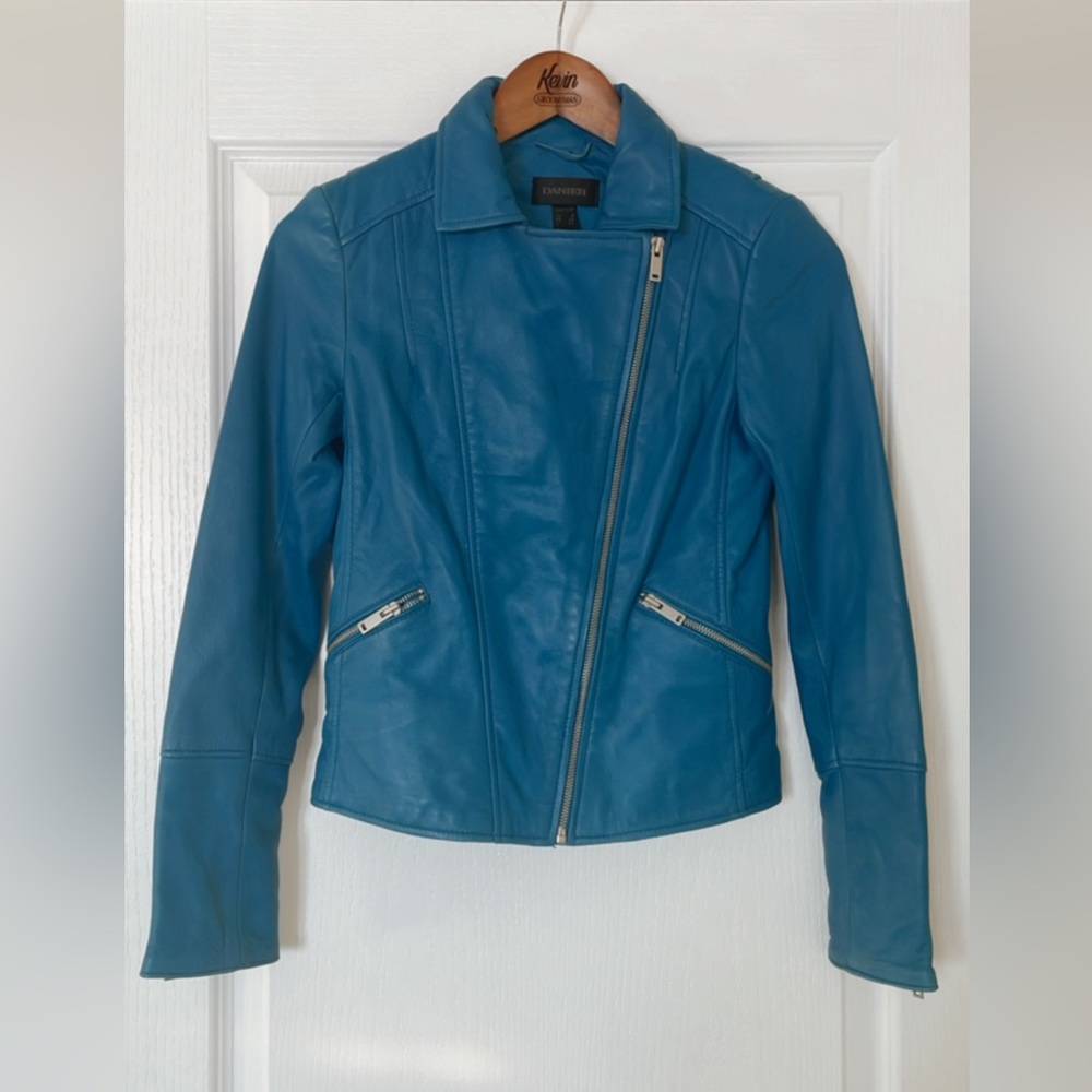 Danier blue asymmetrical zipper genuine leather jacket